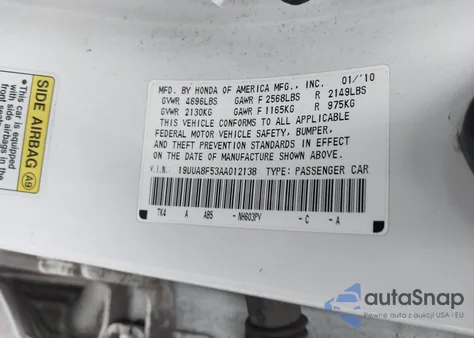 2010 Acura Tl 3.5 из США, поврежденный, VIN 19UUA8F53AA012138